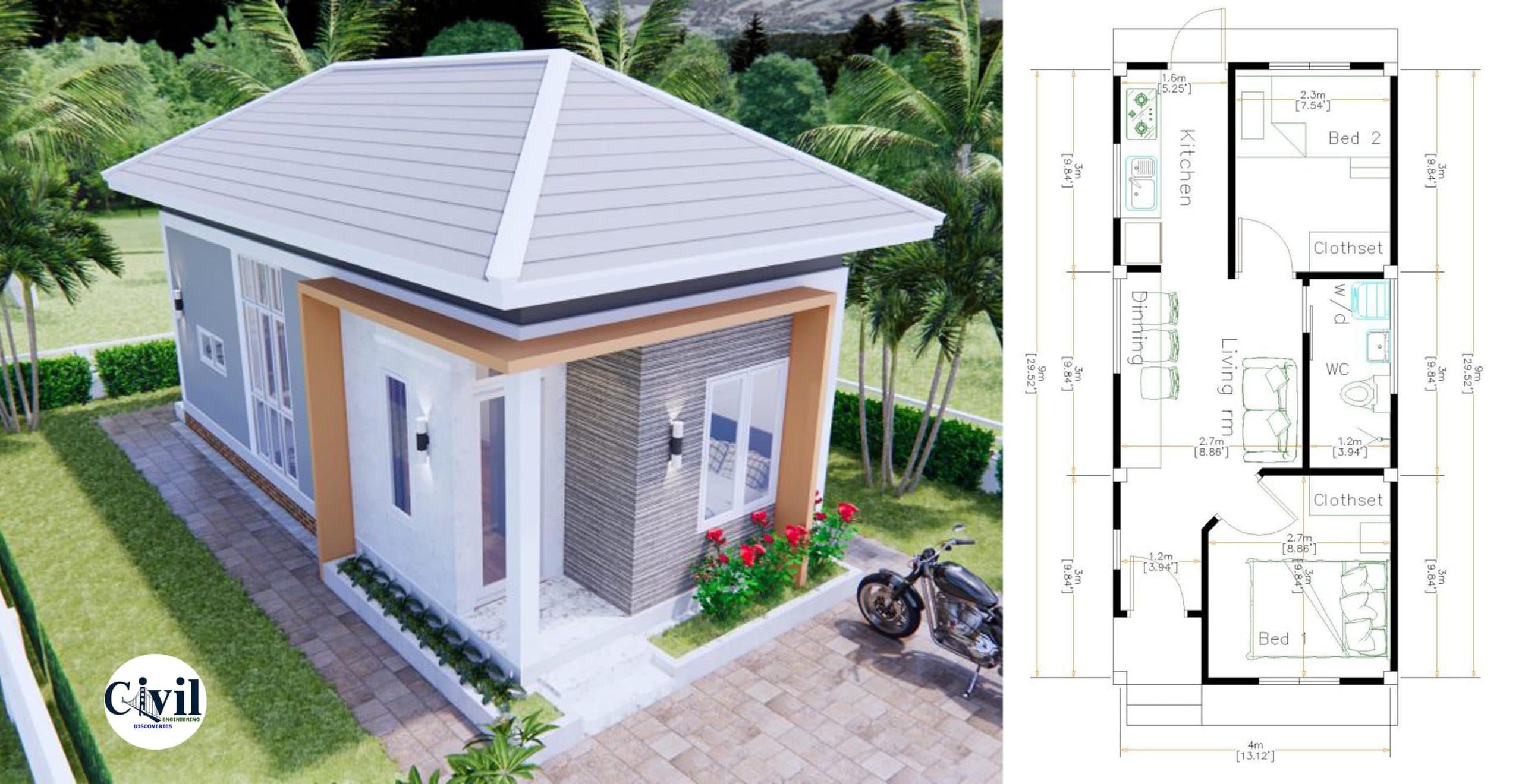 Small House Design Idea 4×9 Meter With 2 Beds