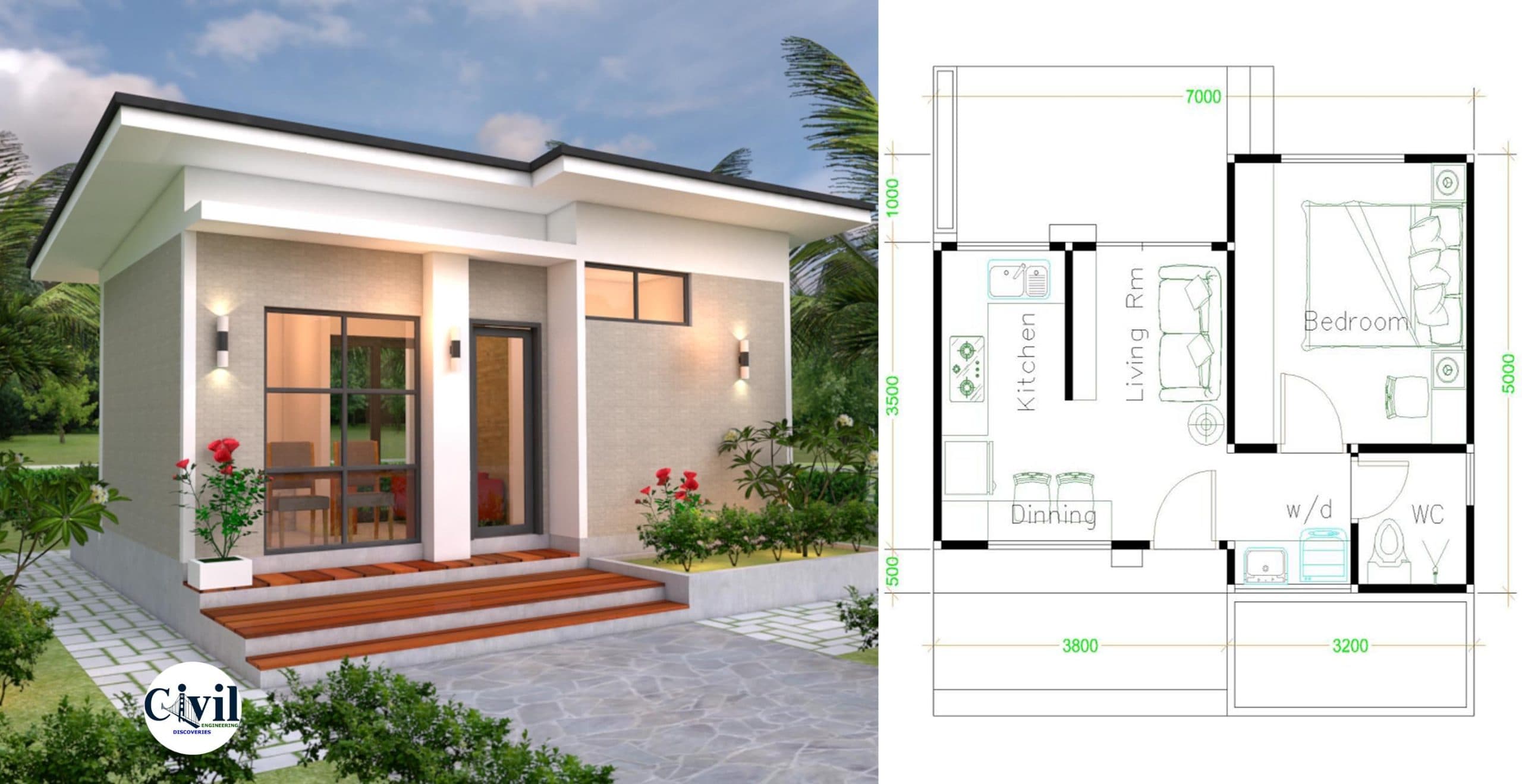 House Design Plans 5×7 With One Bedroom Shed Roof