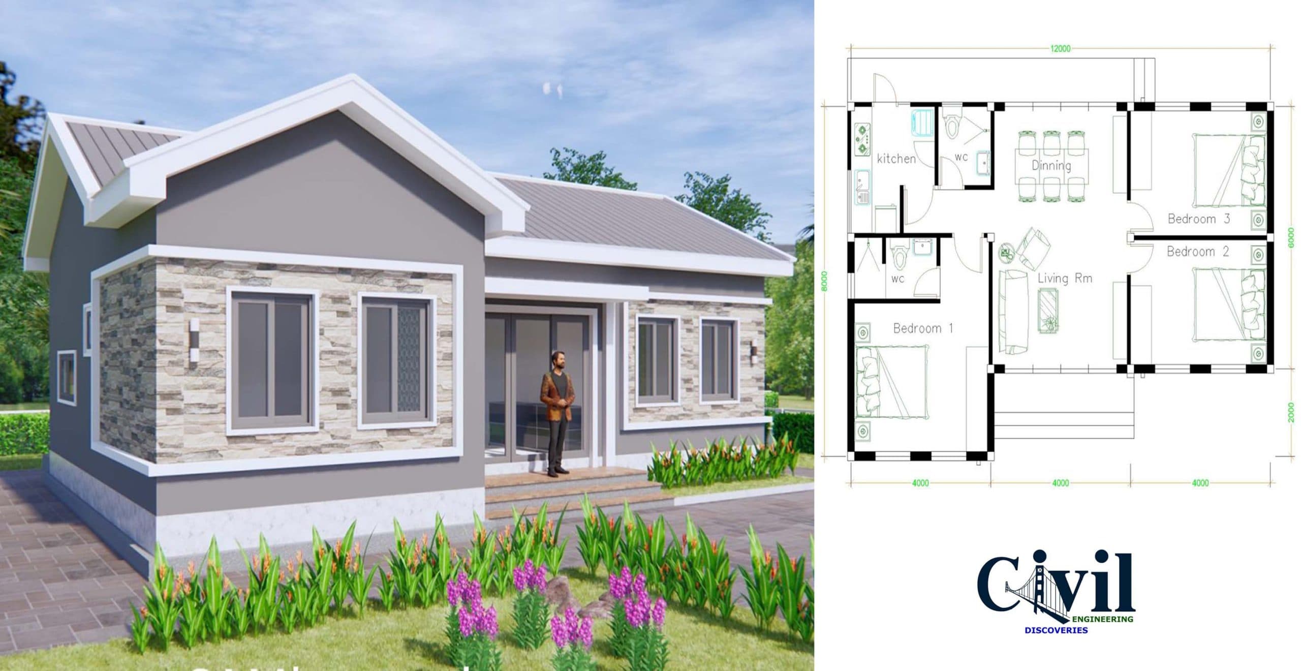 House Plans 12×8 With 3 Bedrooms Gable Roof