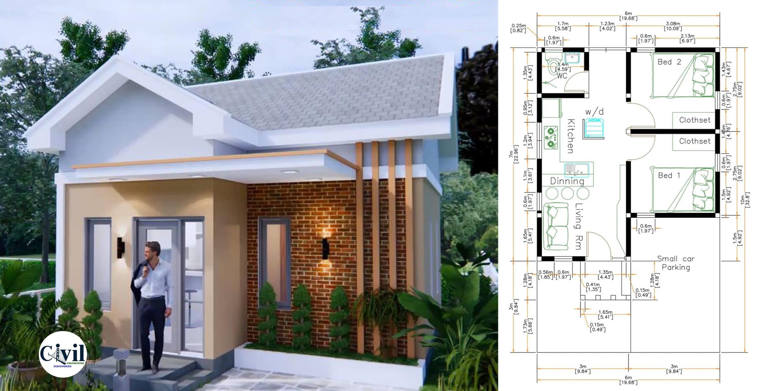 Small House Plans 6×7 Meter (20x23Feet) Gable Roof