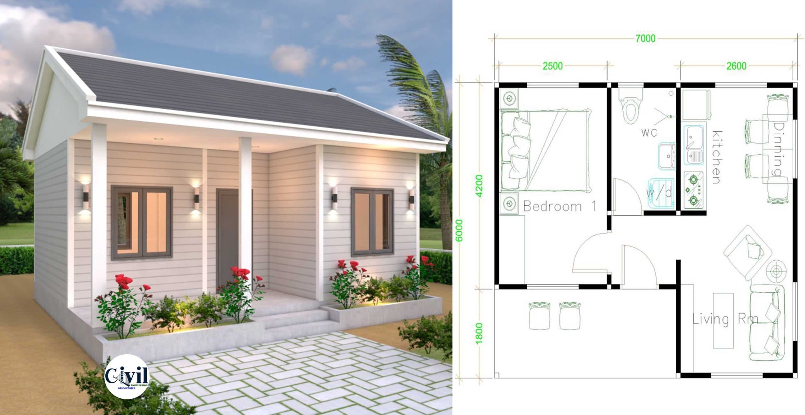 House Plans 7×6 With One Bedroom Gable Roof