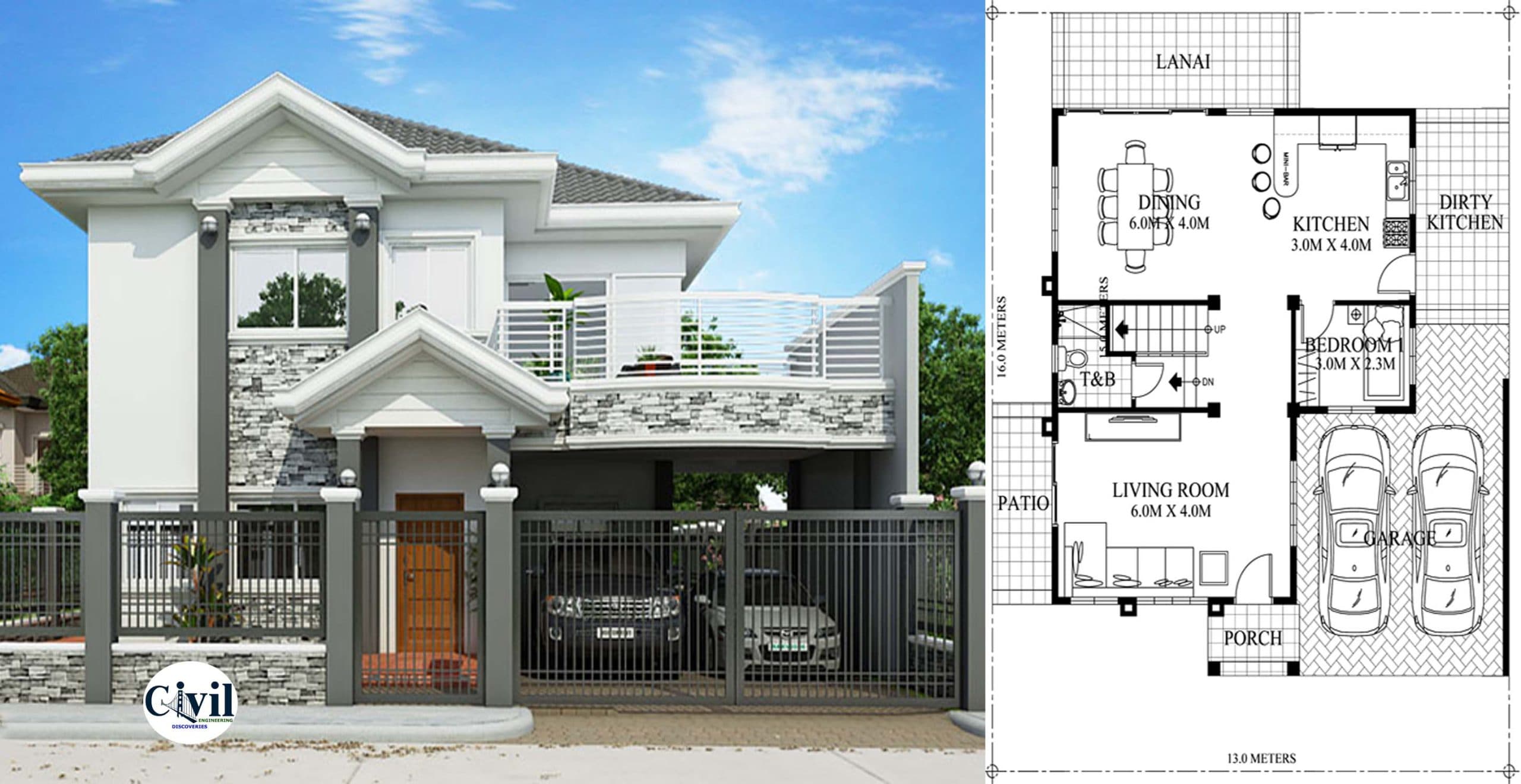 Two Story House Design 16×13 With 4 Bedrooms