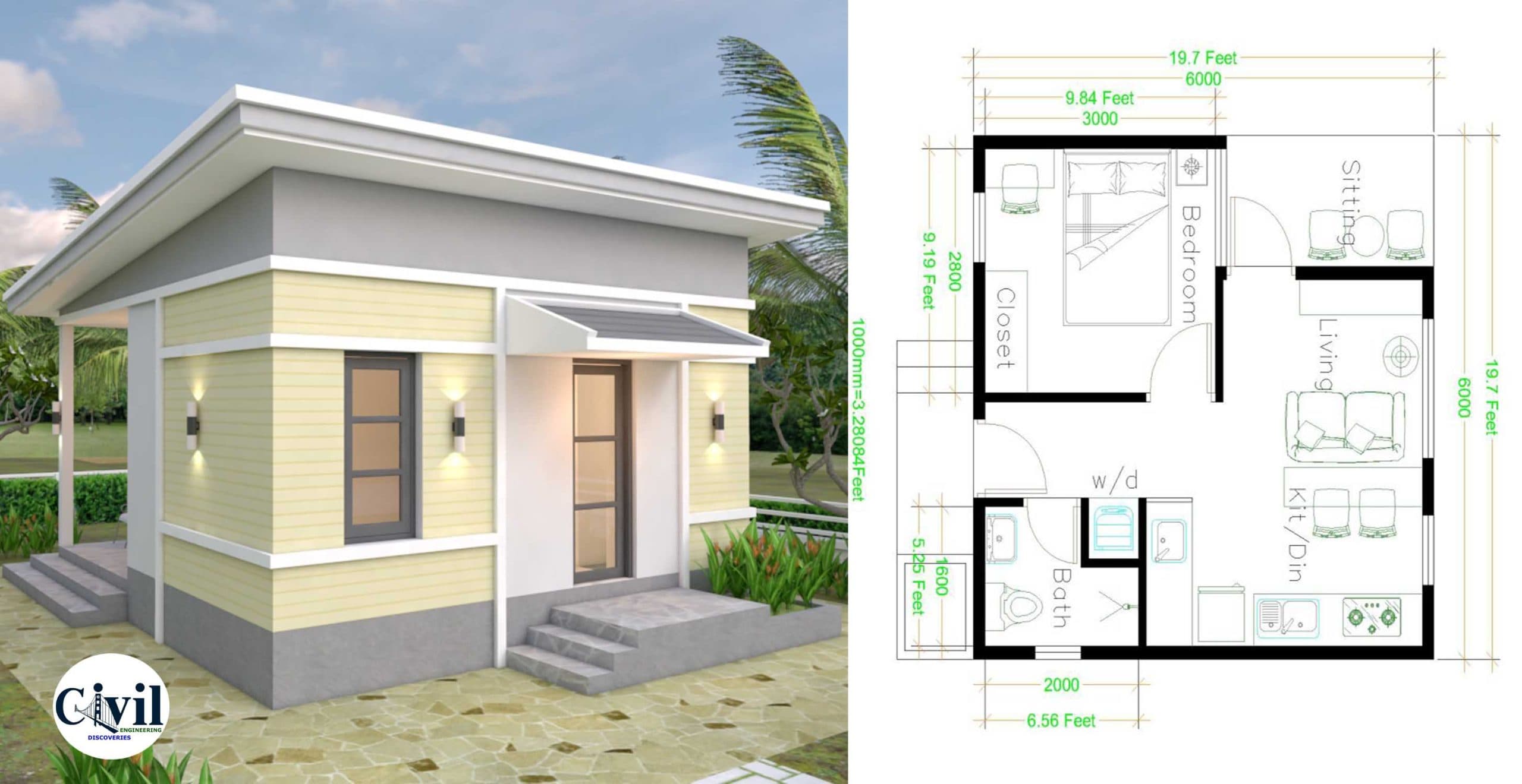 One Bedroom House Plans 6×6 With Shed Roof