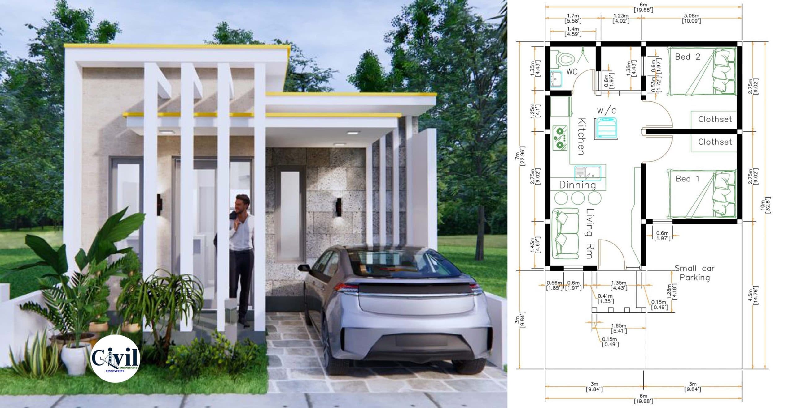 House Design 6×10 Meter (20x33F) With Terrace Roof
