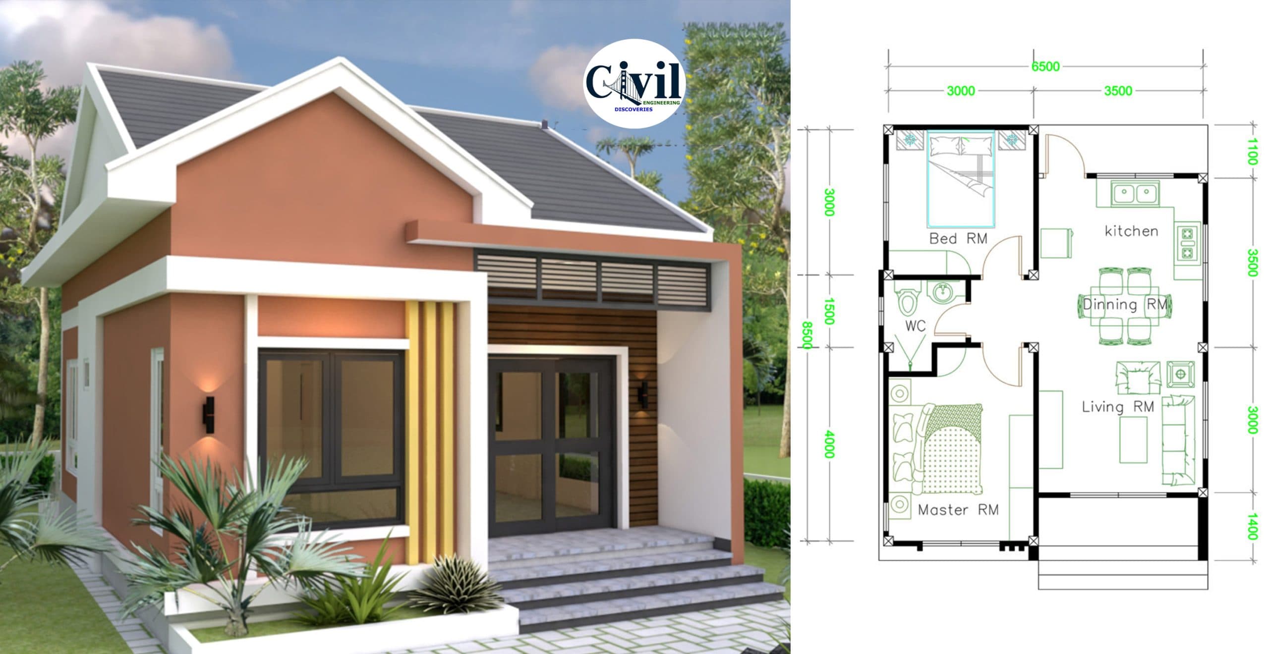 House Design 6.5×8.5 With 2 Bedrooms Shed Roof