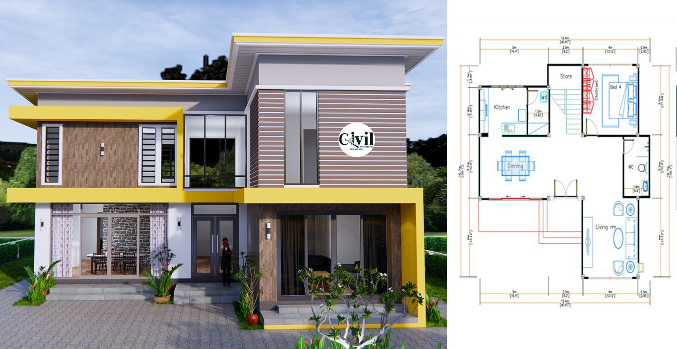 House Design 12.4×11 Meter 41×35 Feet 4 Beds