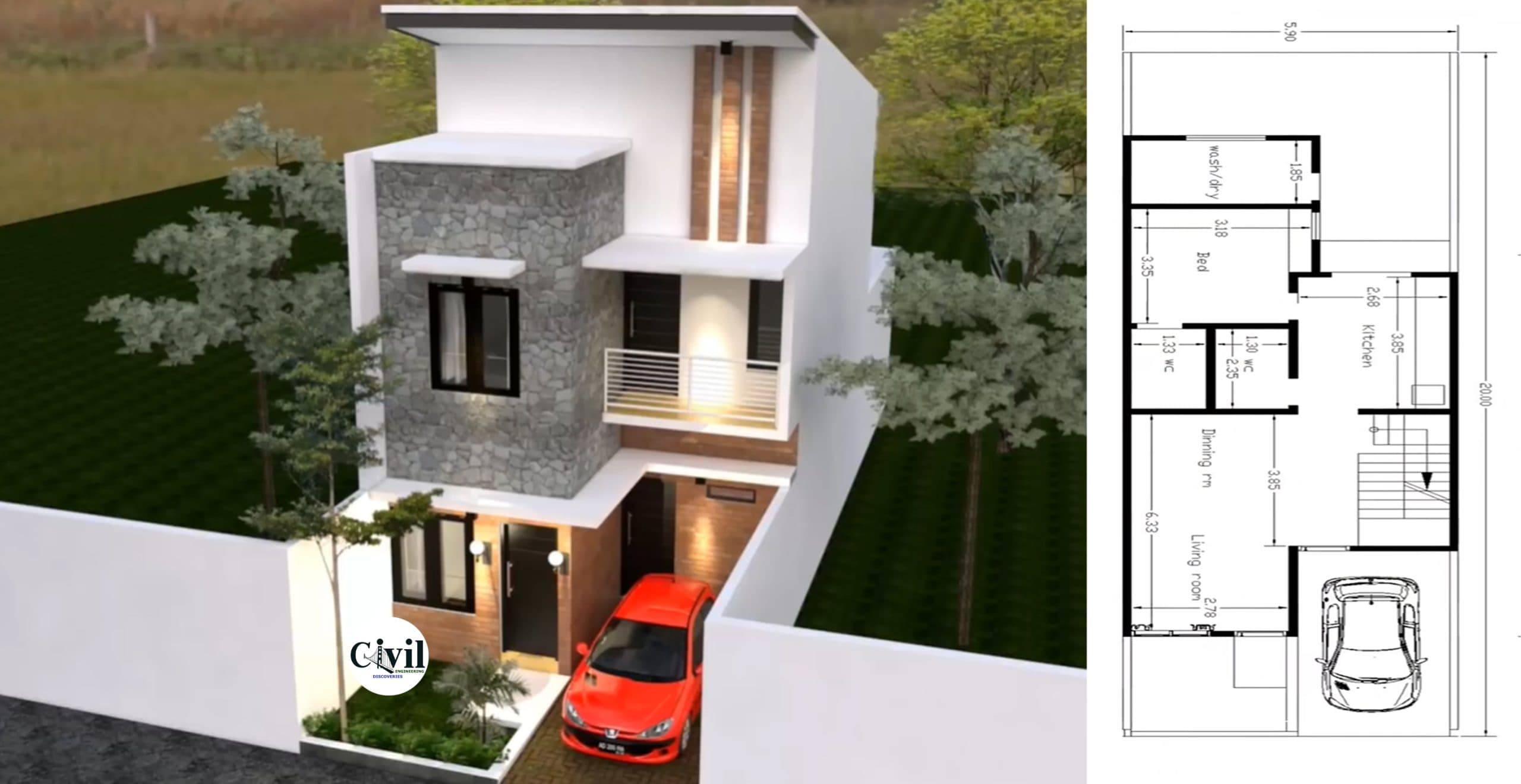 House design plan 6x20M With 4 Bedrooms