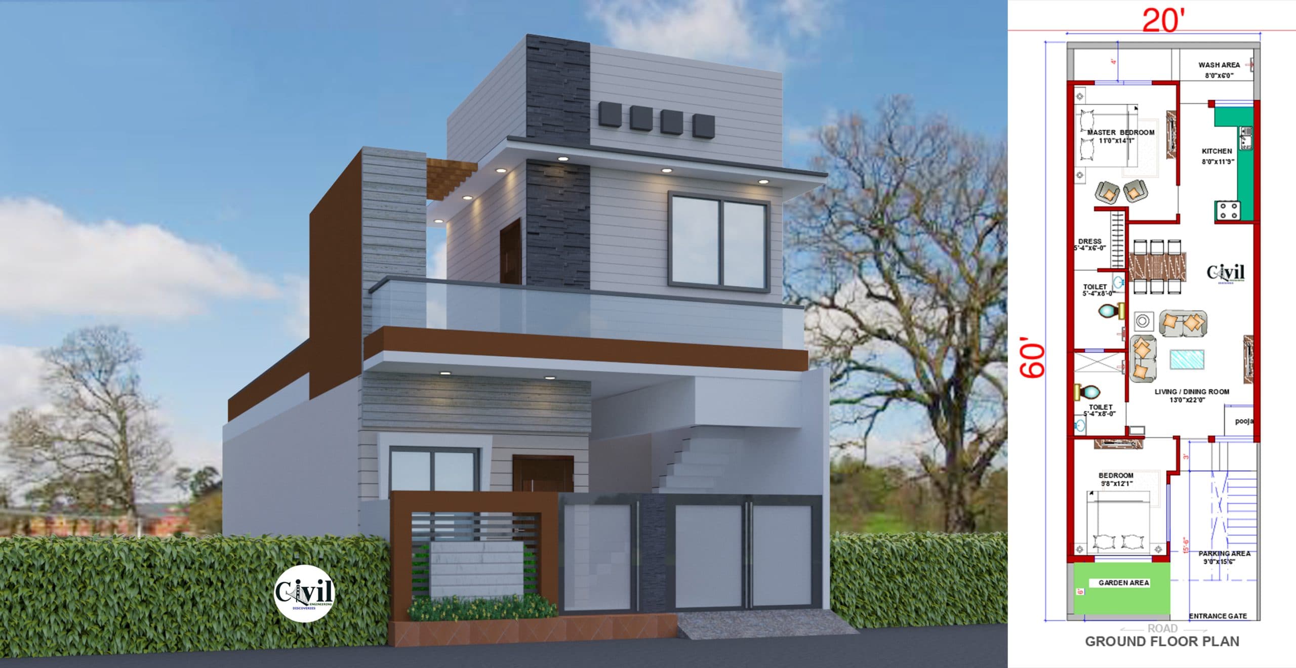 20×60 Home Plan-1200 SQFT Exterior Design