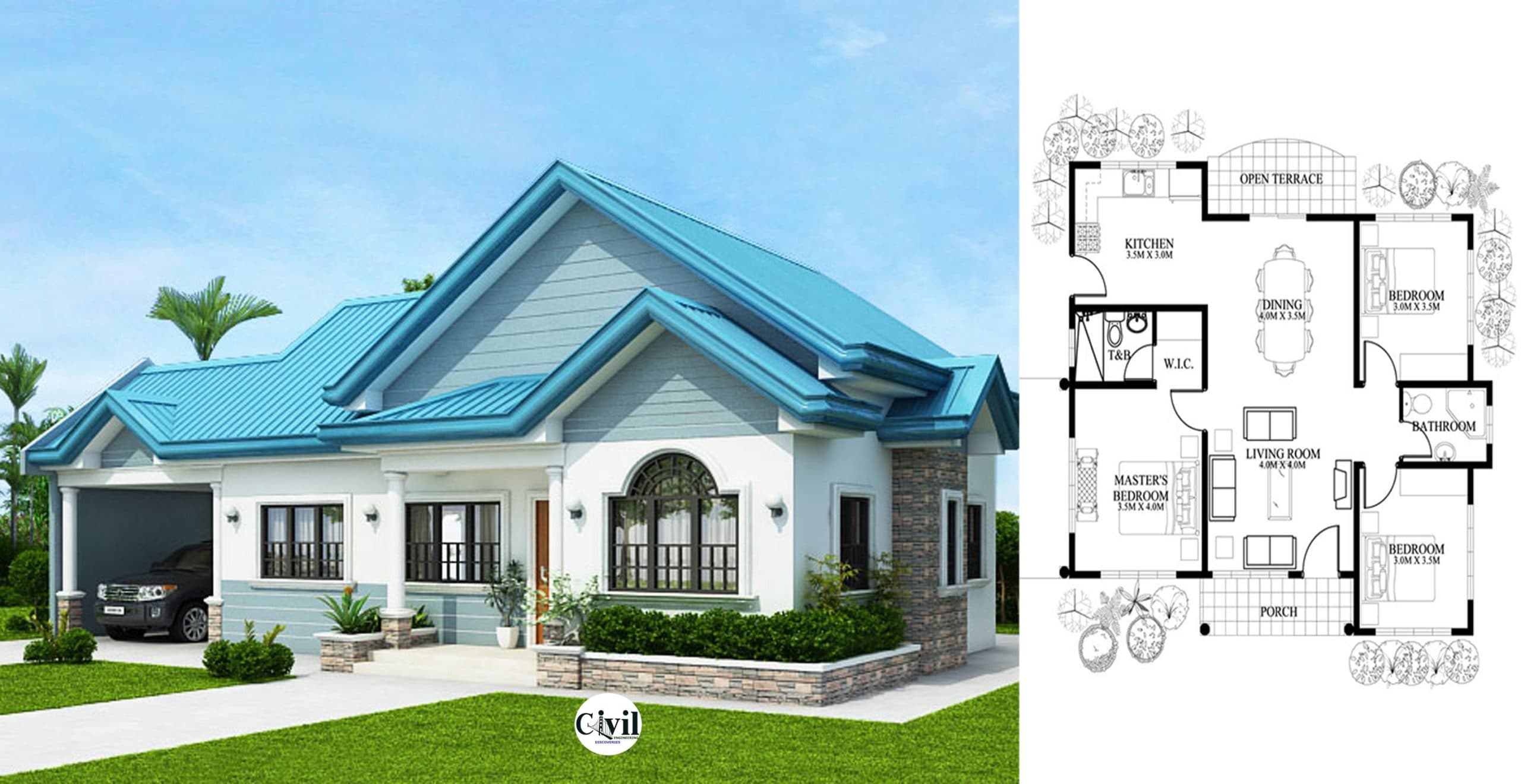 The Blue House Design With 3 Bedrooms