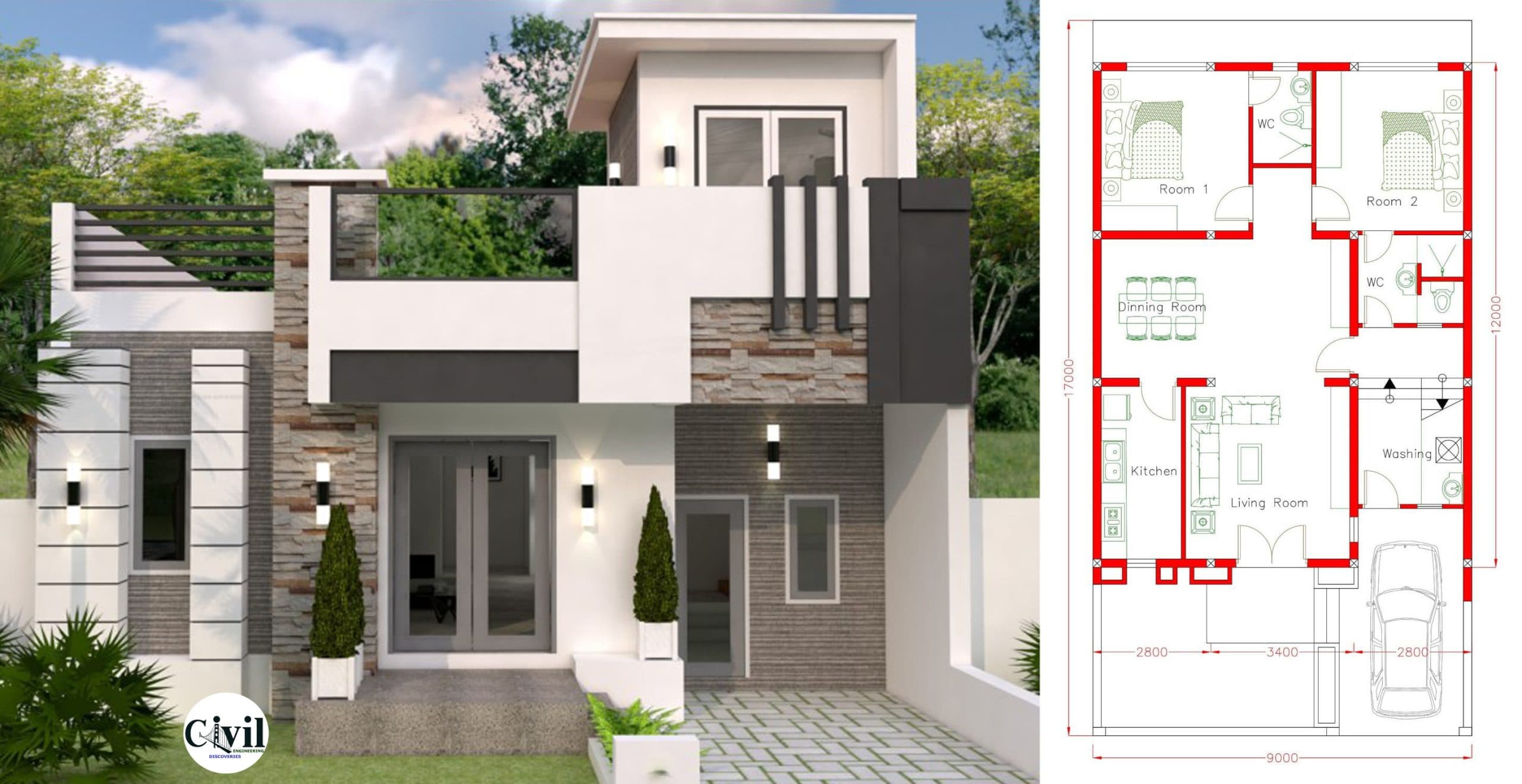 Brilliant Home Design Plan 9x12M With 2 Bedrooms