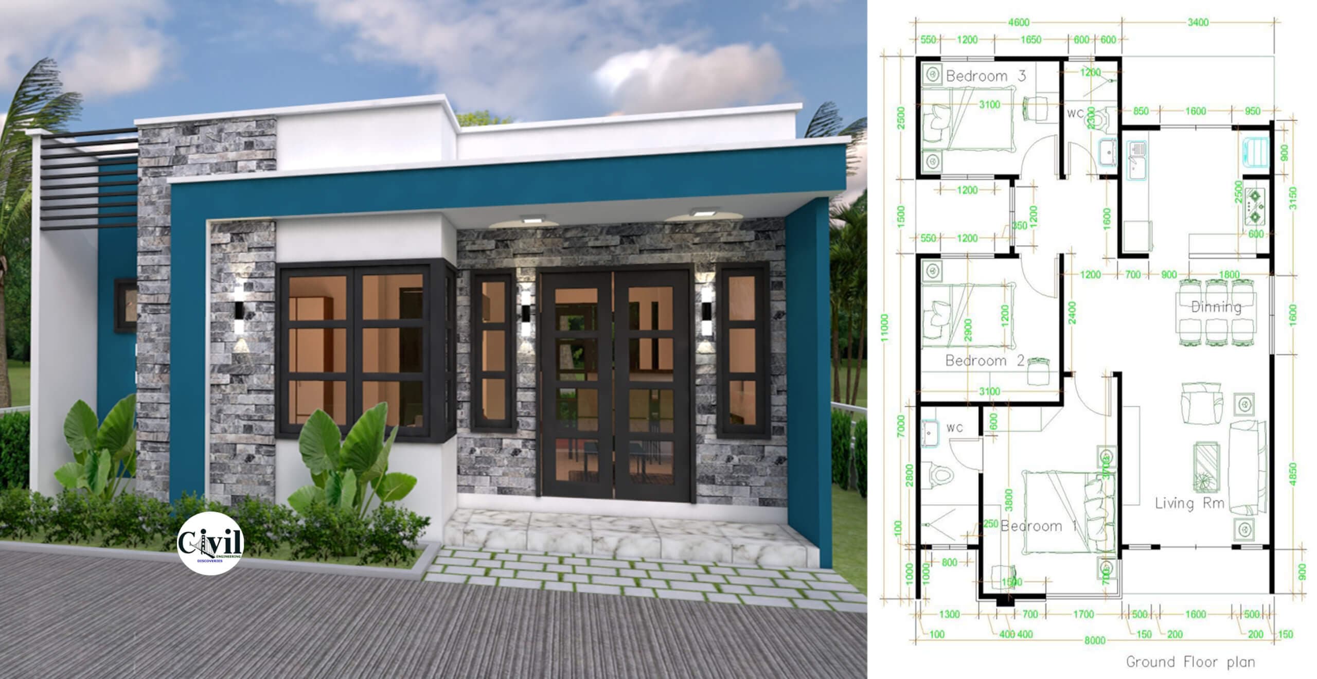 Small Villa Designs 8×11 Meter 26×36 Feet With 3 Beds