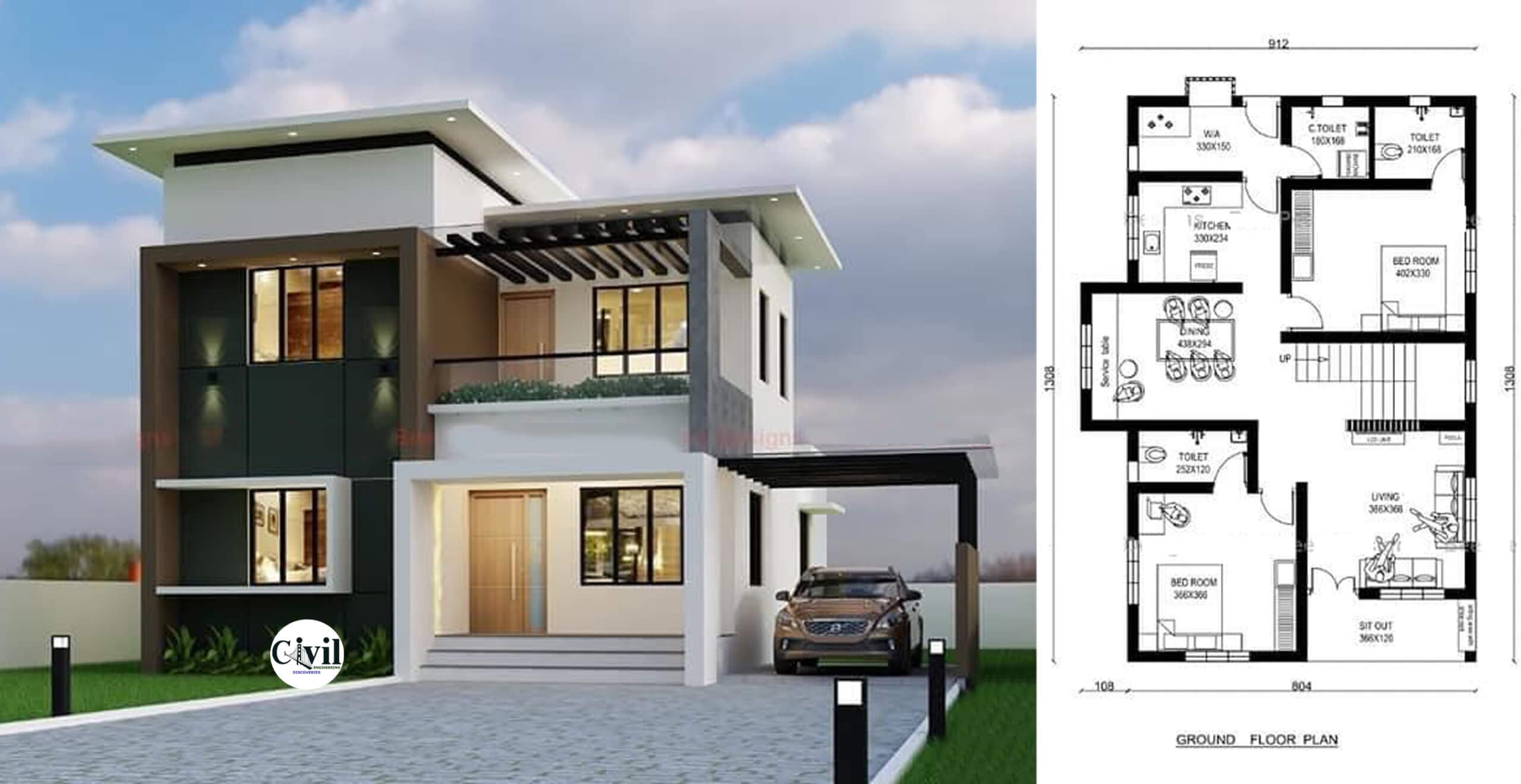 1619 Sq Ft 3BHK Contemporary Style Two-Storey House And Free Plan