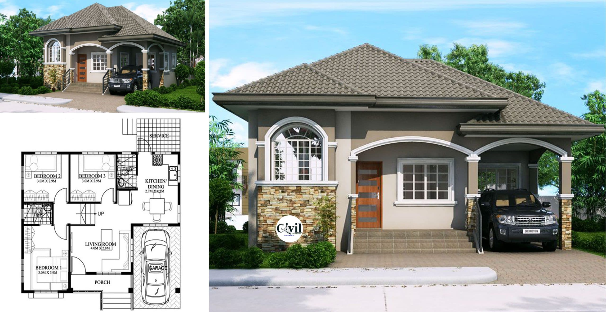 Katrina – 3 Bedroom Bungalow House Design With Plan