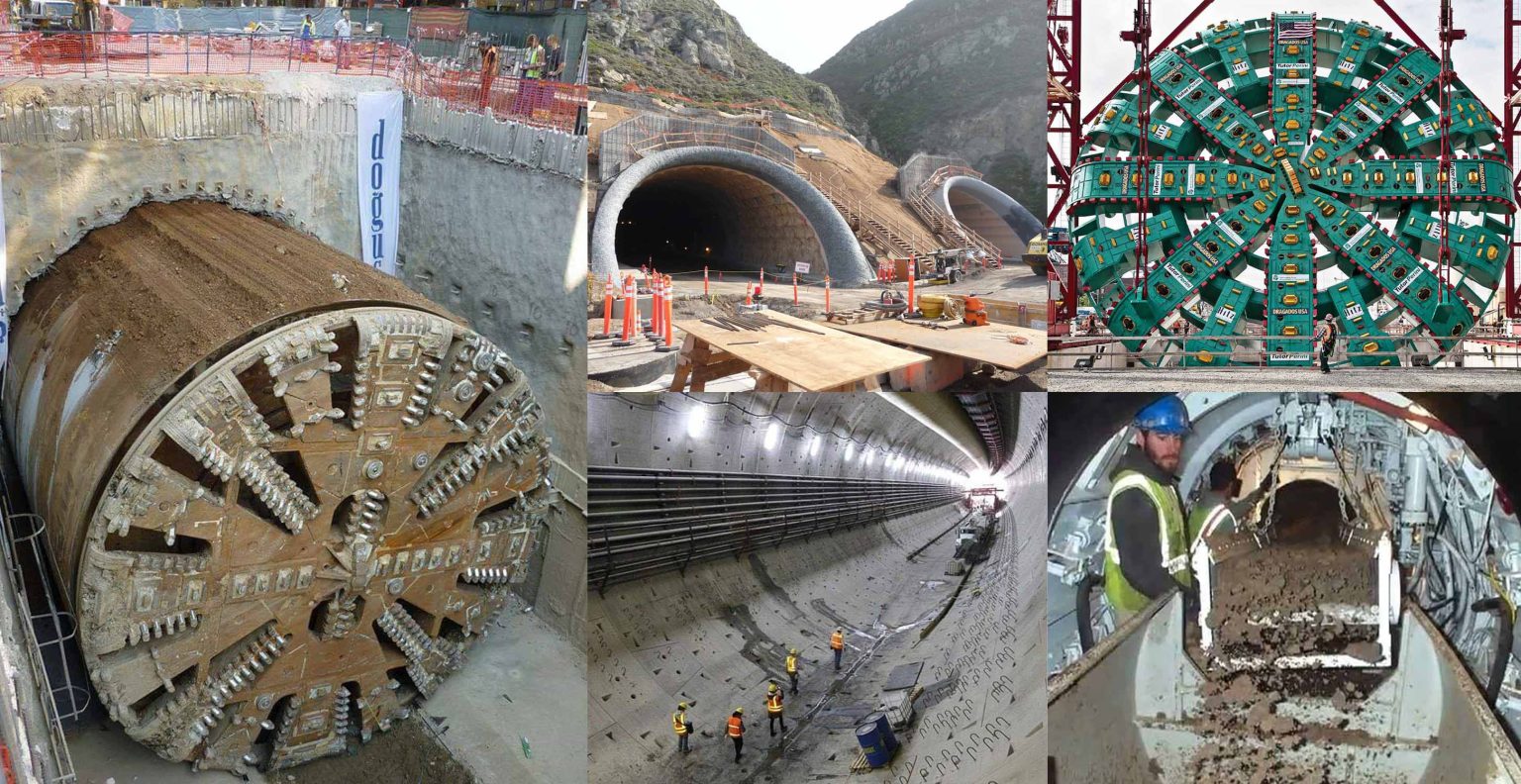  The image shows various aspects of tunnel excavation, including the use of AI technology.
