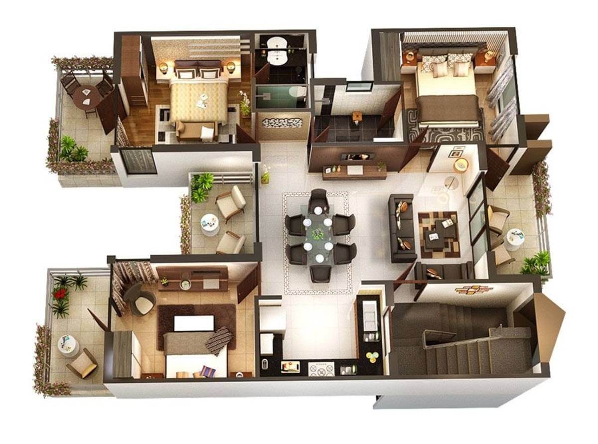 40 Amazing 3 Bedroom 3D Floor Plans - Engineering Discoveries