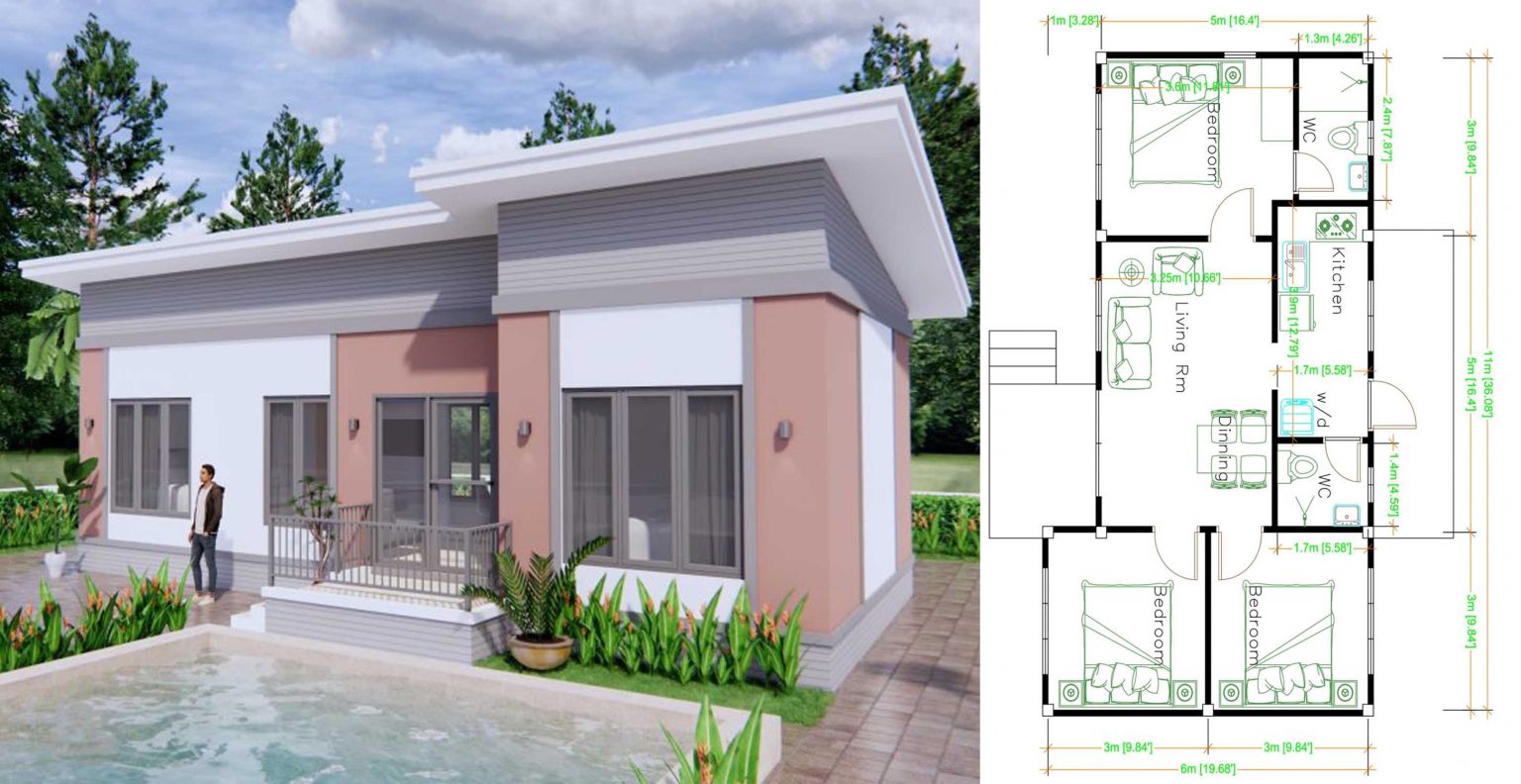 House Design Plans 11×6 Meters 36×20 Feet Shed Roof | Engineering ...