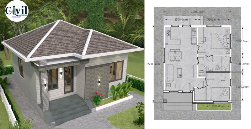 House Plans 7.5×8.5m With 2 Bedrooms | Engineering Discoveries