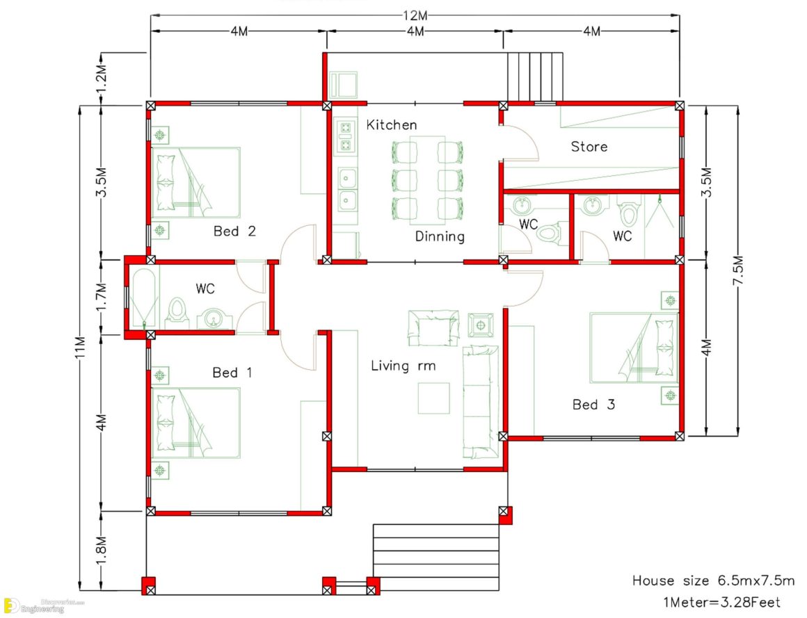 House Plans 12x11m With Full Plan 3 Beds - Engineering Discoveries