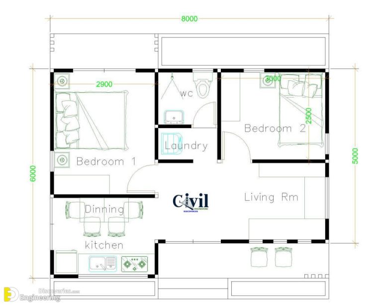 Small House Plans 8×6 With 2 Bedrooms Slope Roof