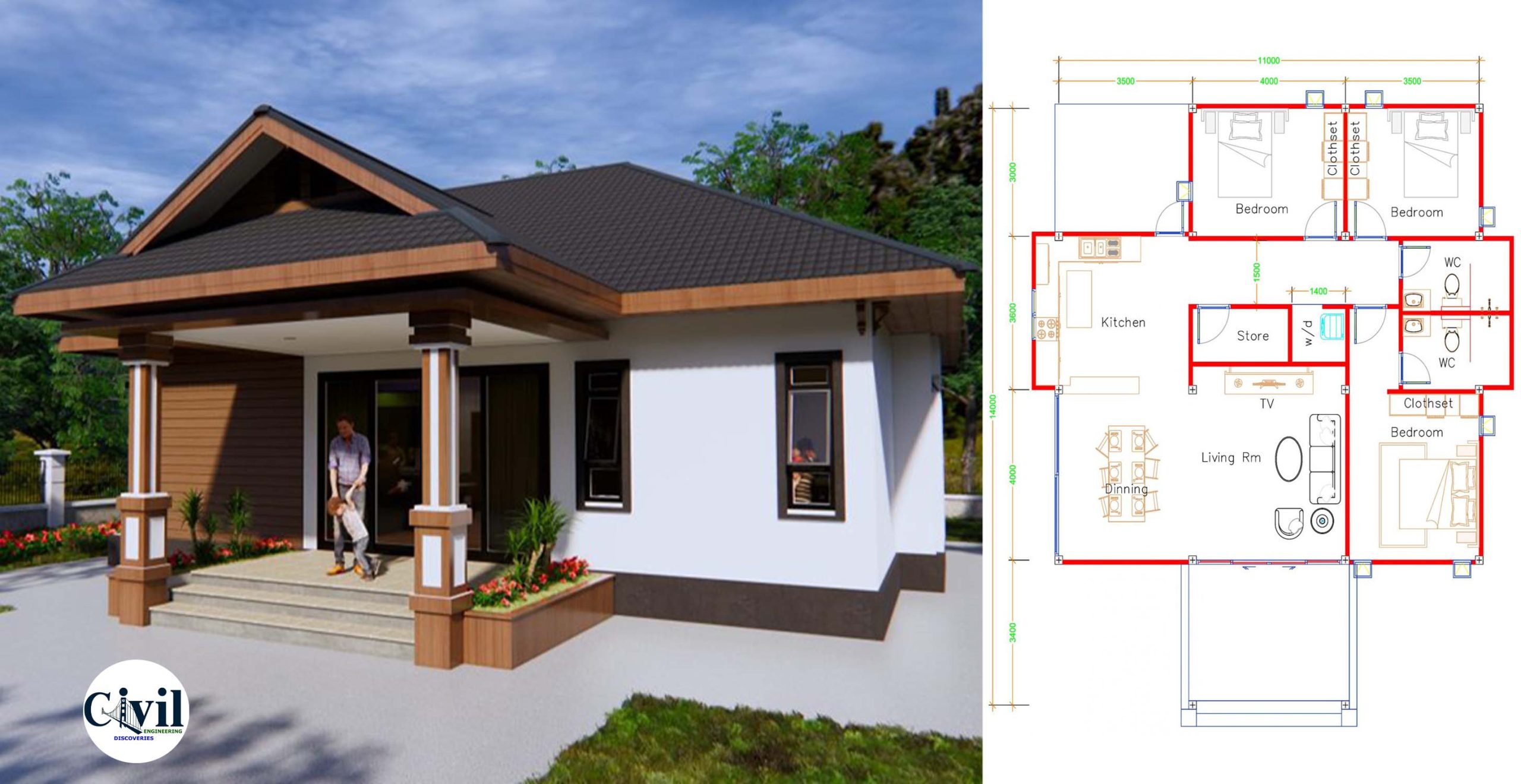 House Plans 11×14m (36×46 feet) With 3 Bedrooms Hip Roof - Engineering ...