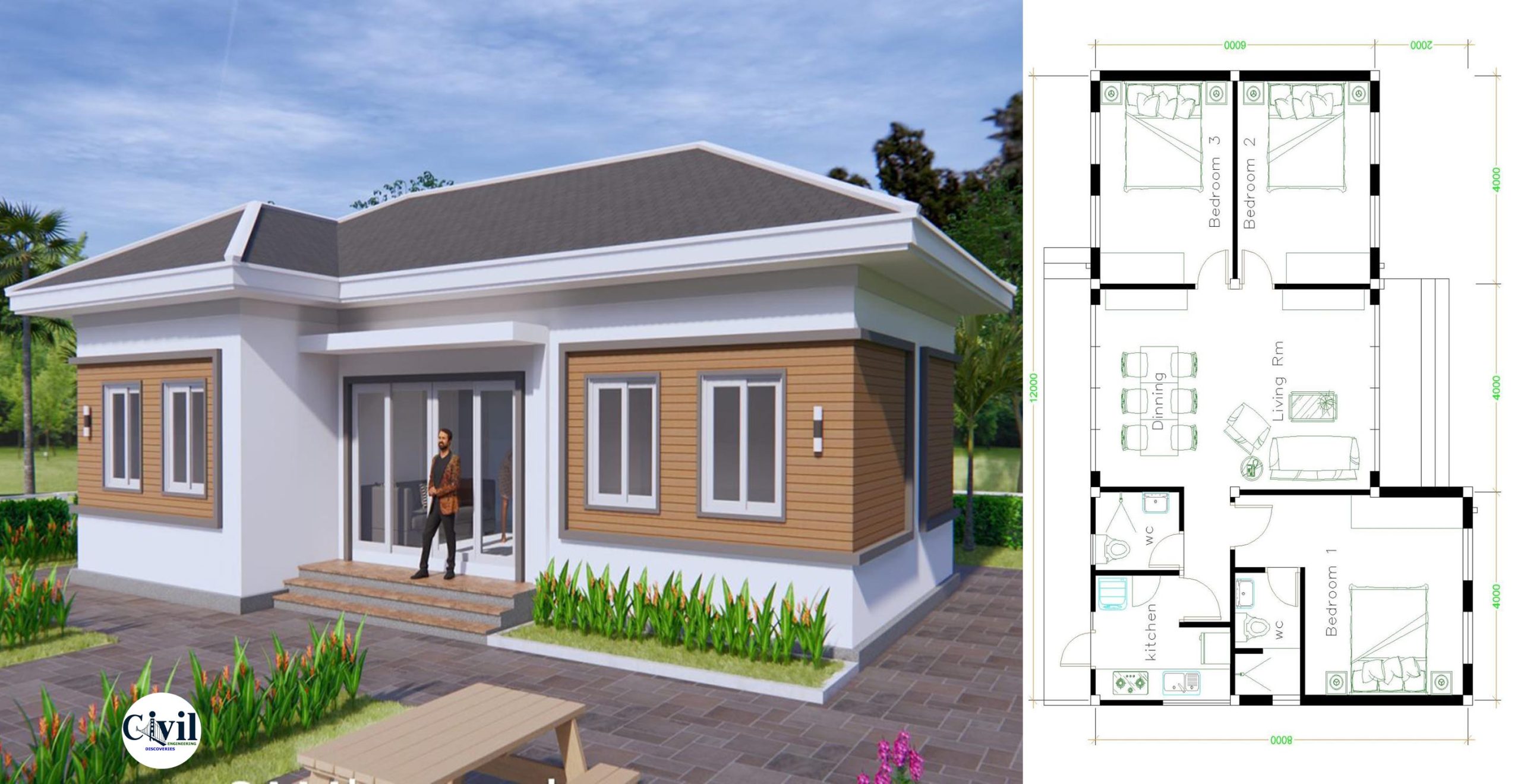 House Plans 12×8 with 3 Bedrooms Hip Roof | Engineering Discoveries