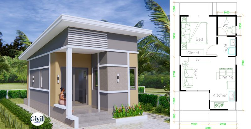 Small House Plans 4.5×7.5 With One Bedroom Shed Roof 