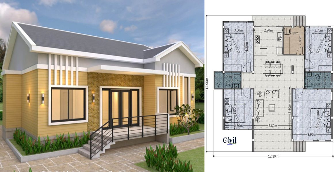 House Plans 12×12 Meter (40×40 Feet) 4 Bedrooms Gable Roof ...