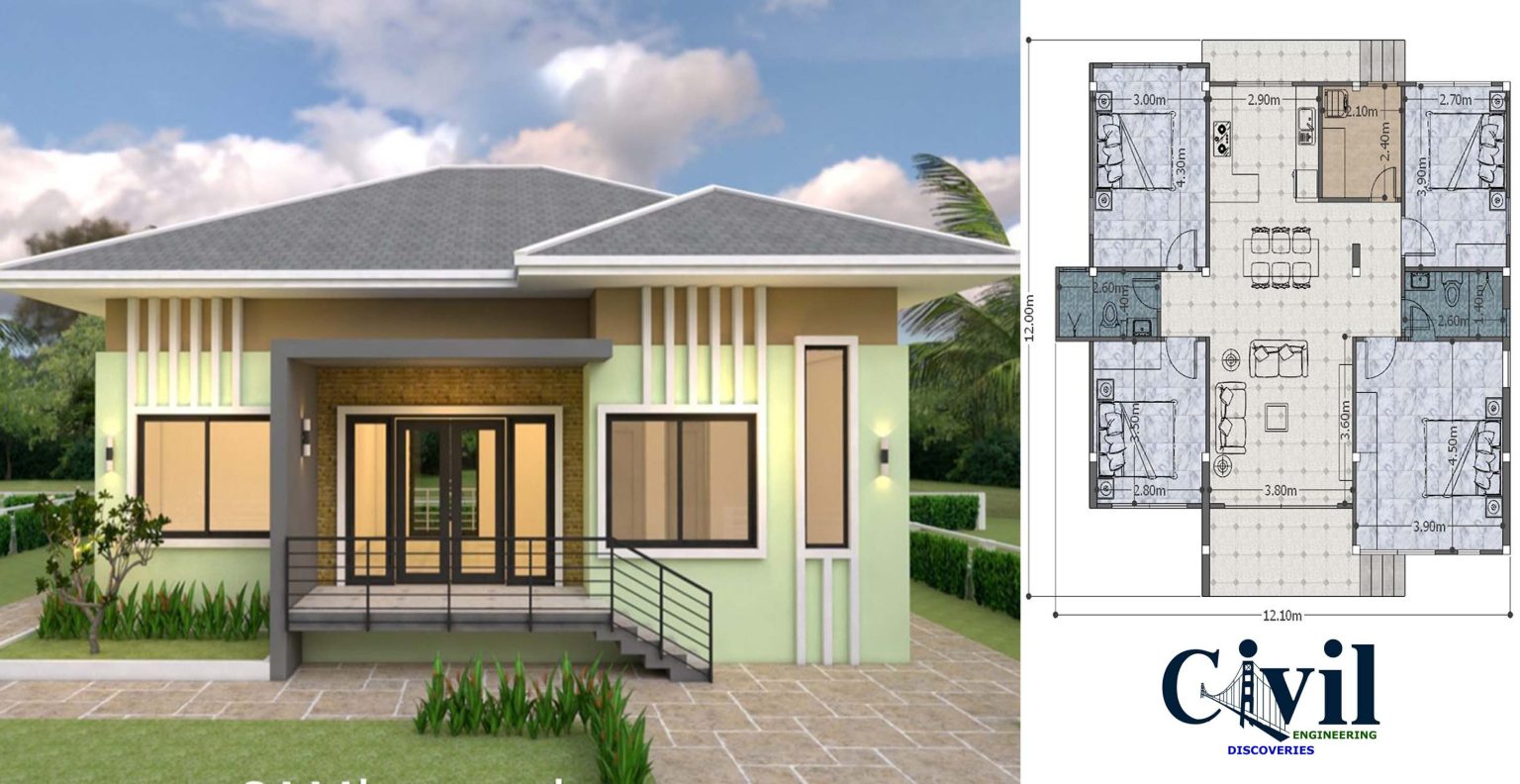 House Plans 12×12 Meter (40×40 Feet) 4 Bedrooms Hip Roof | Engineering ...