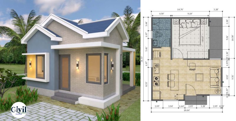 House Design Plans 18×21.3 Feet With One Bedroom Gable Roof ...