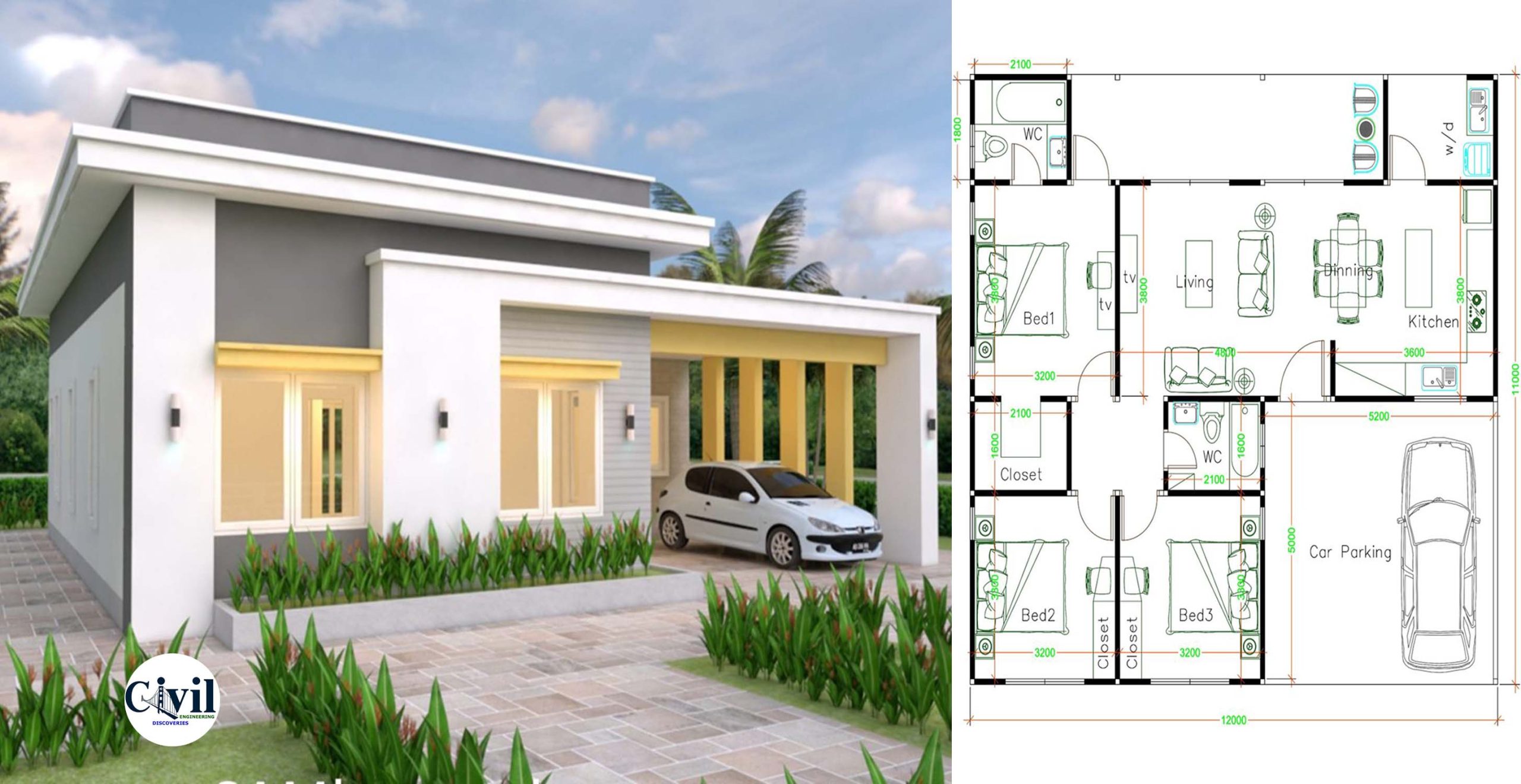 House Plans 12×11 With 3 Bedrooms Slap Roof | Engineering Discoveries