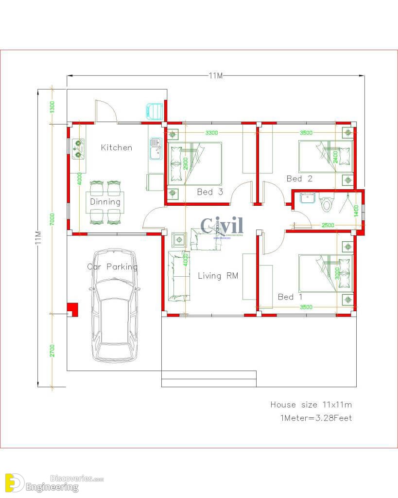 مخططات تصميم المنزل 11 × 11 مع خطط كاملة 3 غرف نوم - الاكتشافات الهندسية