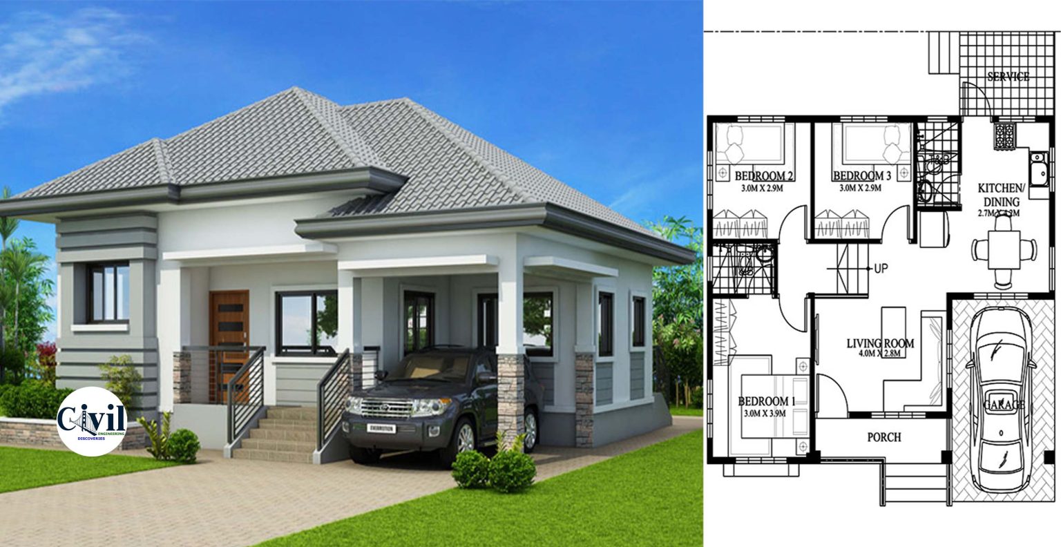 Modern Bungalow House Design With Three Bedrooms | Engineering Discoveries