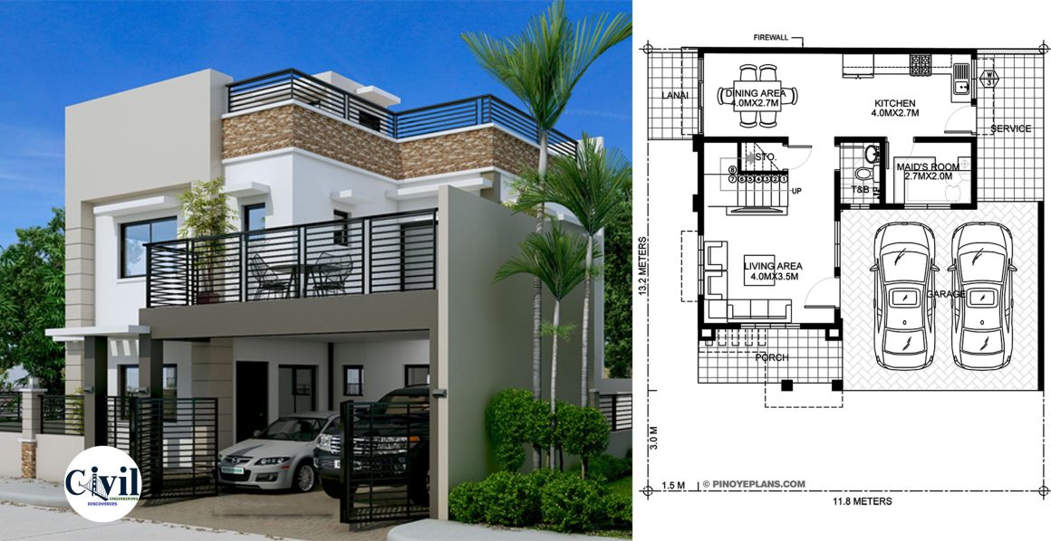 Montemayor Four Bedroom Fire walled Two Storey House Design With Roof 