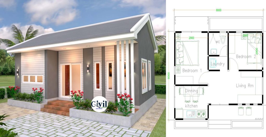 Small House Design Plans 8×6 With 2 Bedrooms Gable Roof - Engineering ...