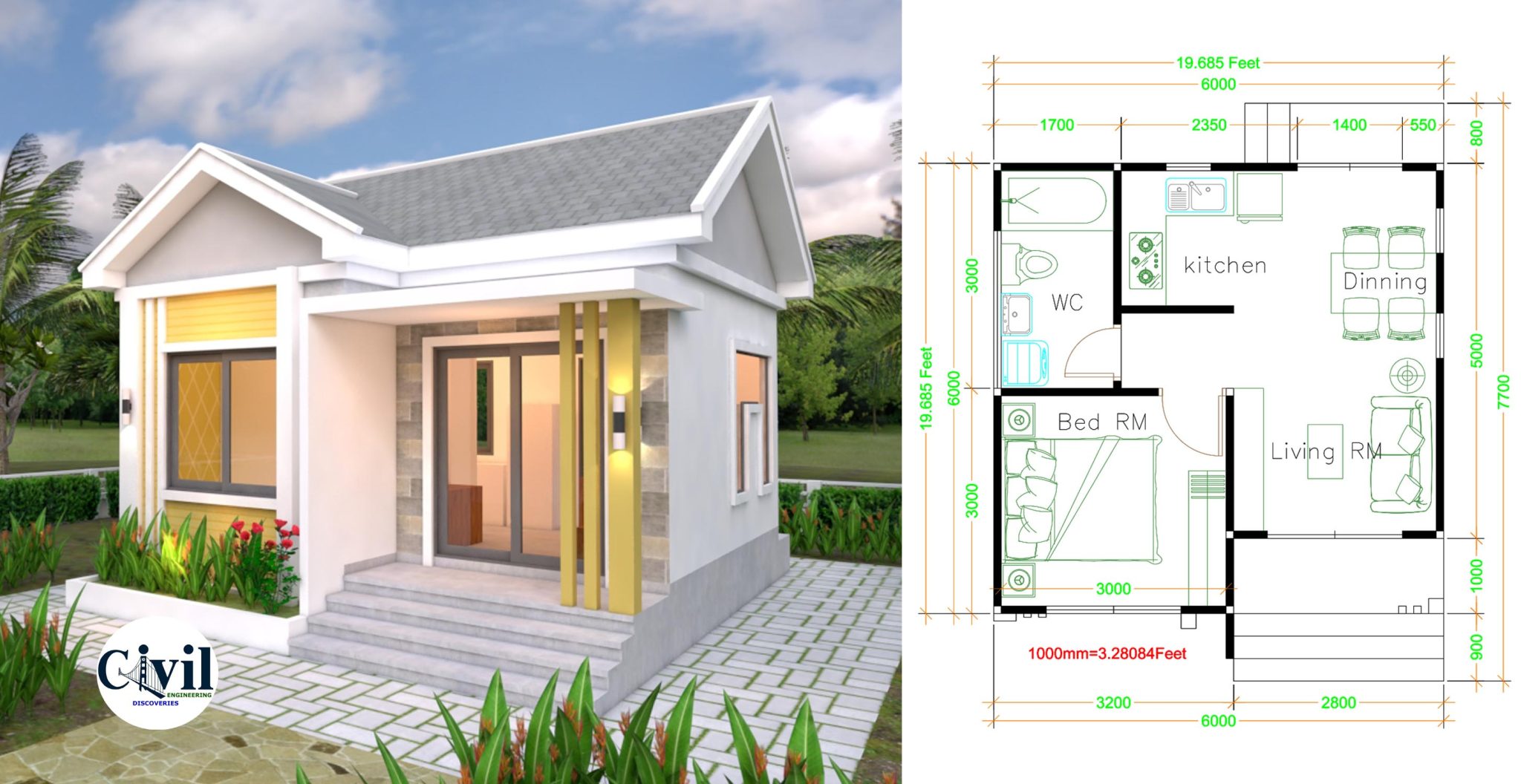 House Plans 6×6 With One Bedrooms Gable Roof