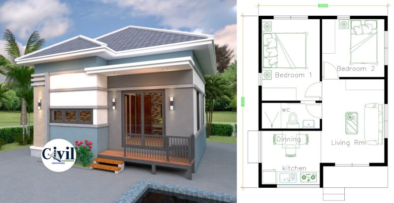 House Plans 6×8 With 2 Bedrooms Full Plans With Hip Roof | Engineering ...