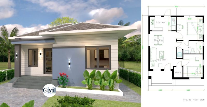 Small House Design 7.5×8.5 With 2 Bedrooms Hip Roof | Engineering ...