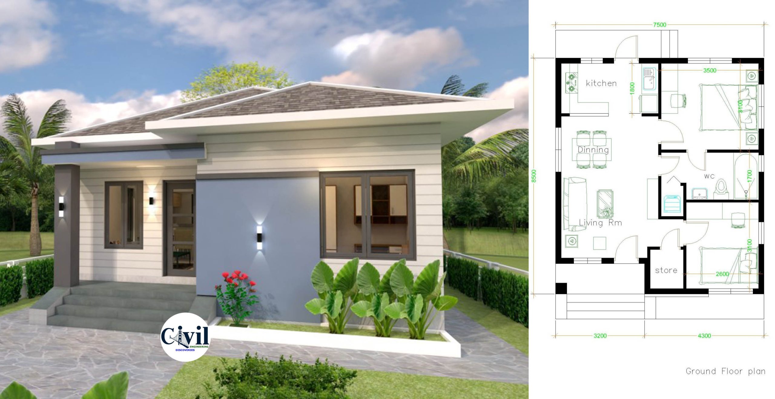 Small House Design 7.5×8.5 With 2 Bedrooms Hip Roof 