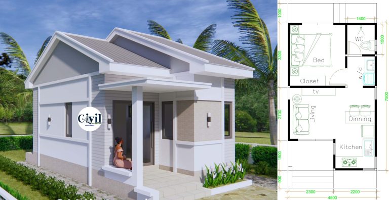 Small House Plans 4.5×7.5 With One Bedroom Gable Roof | Engineering ...