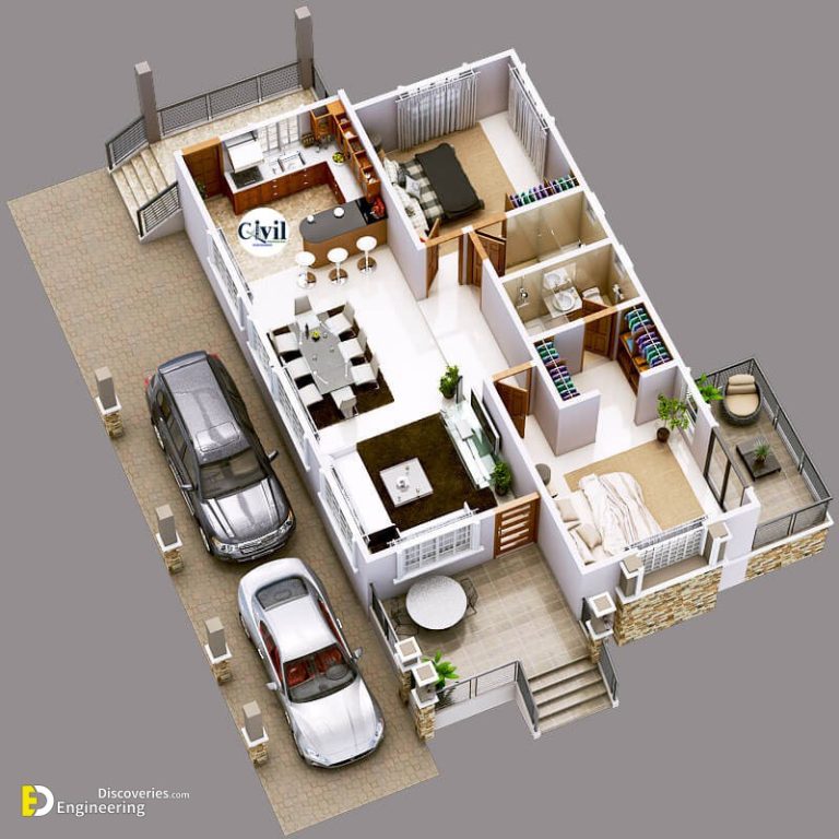 Modern Two Bedrooms And Two Bathrooms Bungalow House Plan | Engineering ...