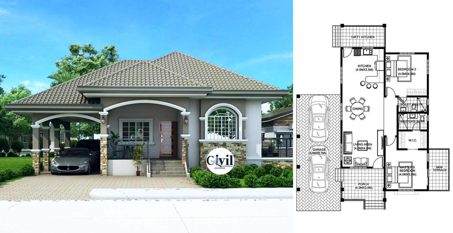 Modern Two Bedrooms And Two Bathrooms Bungalow House Plan | Engineering ...