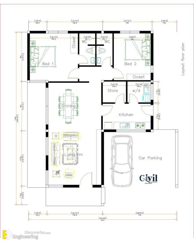 New House Design 12×14 Meter (40×46 Feet) With 2 Beds | Engineering ...