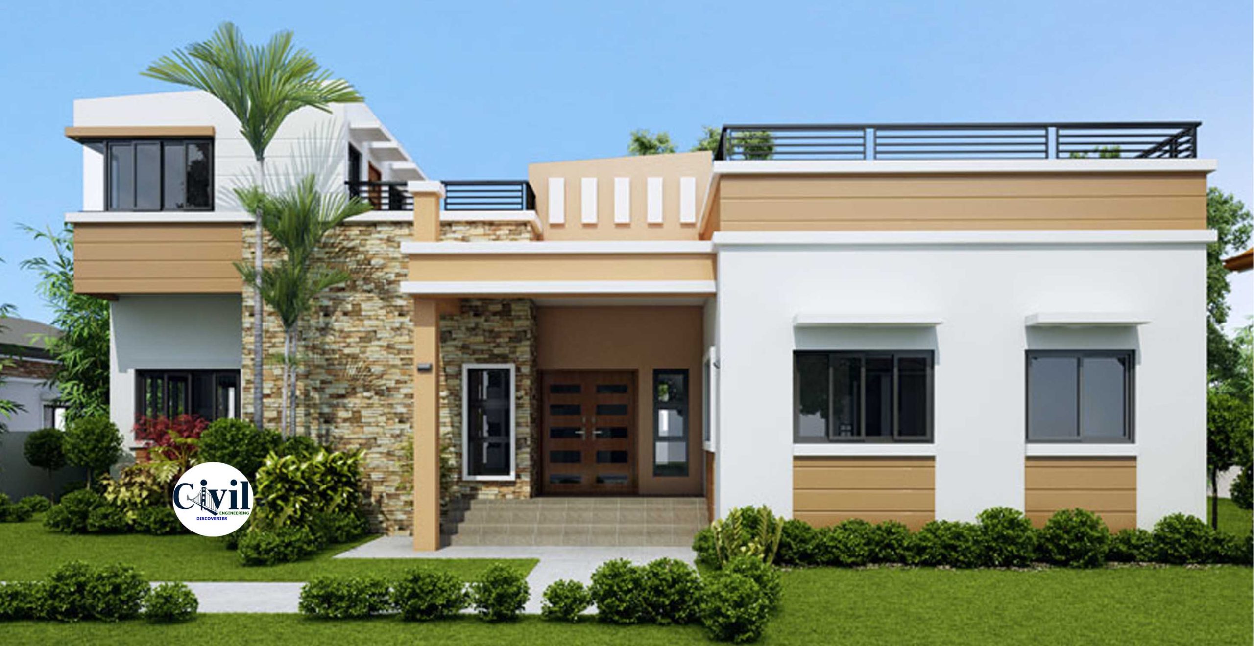 Single Story Roof Deck House Design With Plan Detail - Engineering