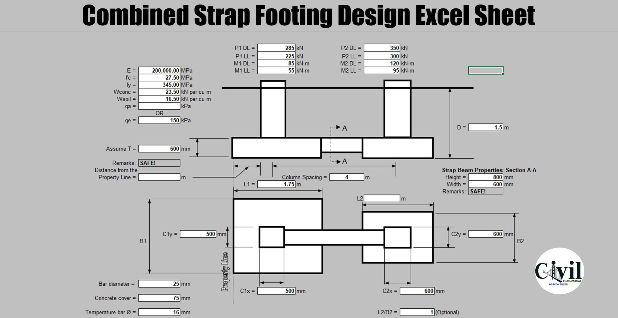 Combined Strap Footing Design Excel Sheet Engineering Discoveries