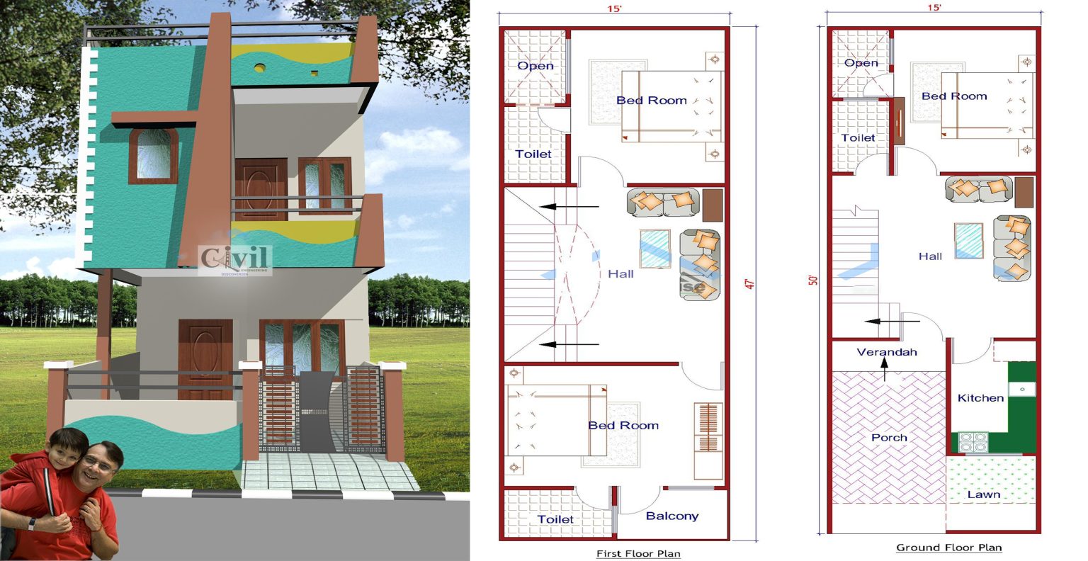 House Design Plan 15x50 ft With 3 Beds - Engineering Discoveries