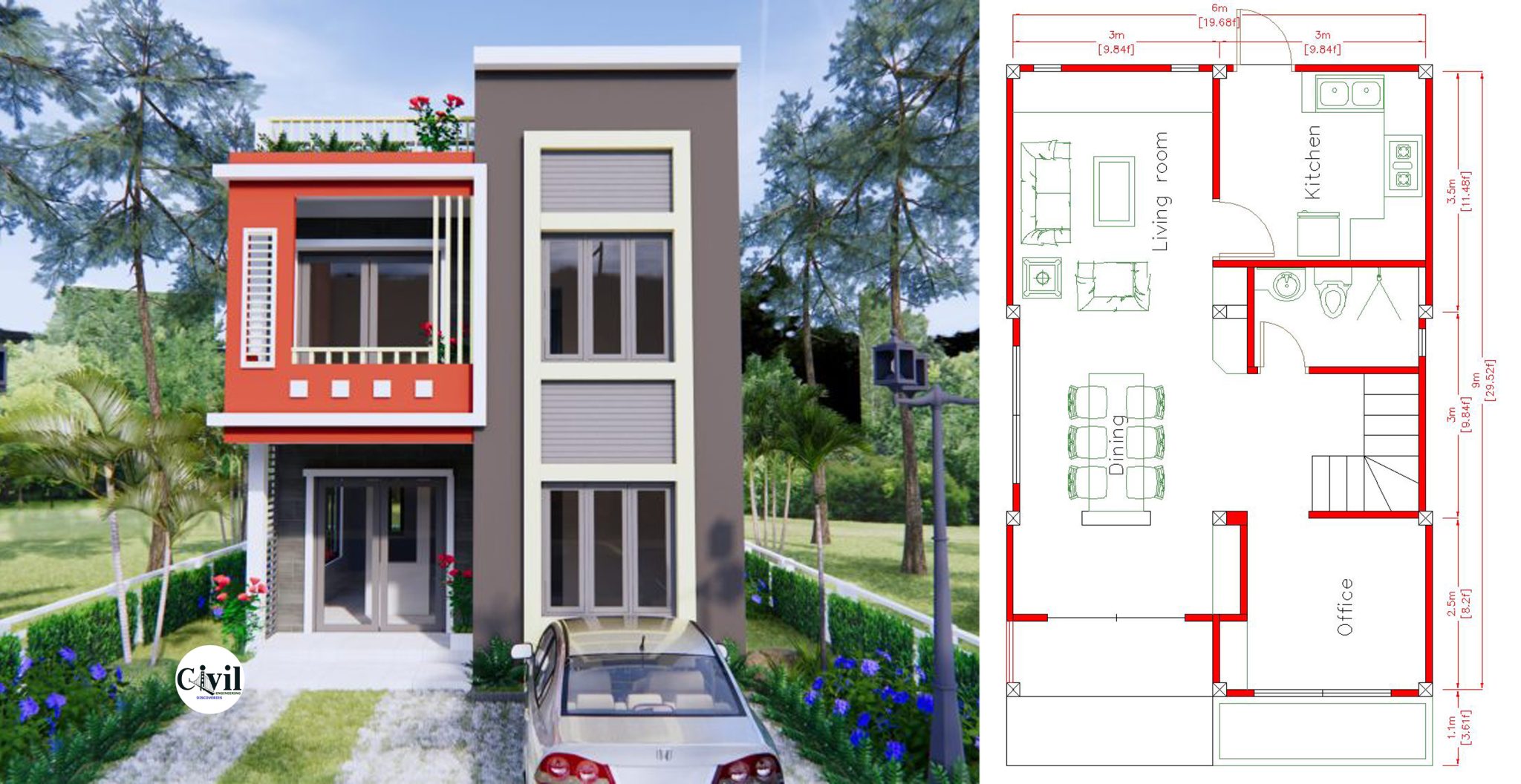 House Design 6×10 Meters 20×33 Feet 2 Bedrooms 