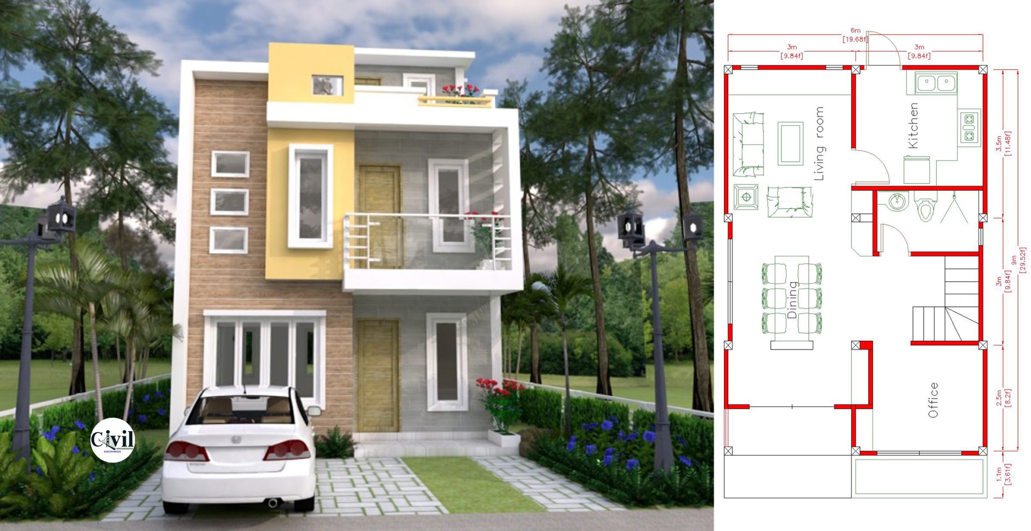 House Plan Drawing 6×10 Meters (20×33 Feet) 2 Beds | Engineering ...