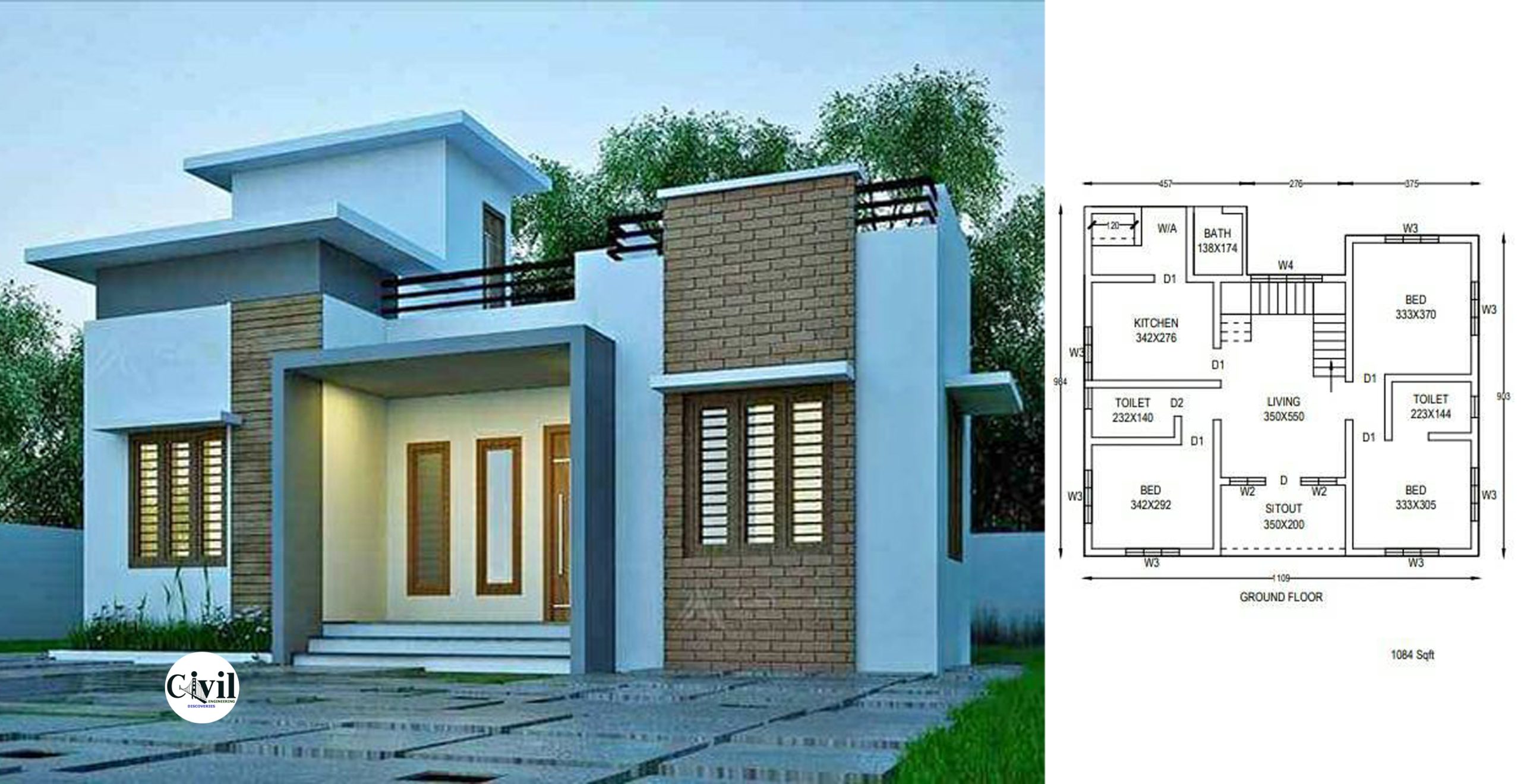 1084 Sq Ft 3BHK Single Floor Modern House Design With Free Plan Engineering Discoveries