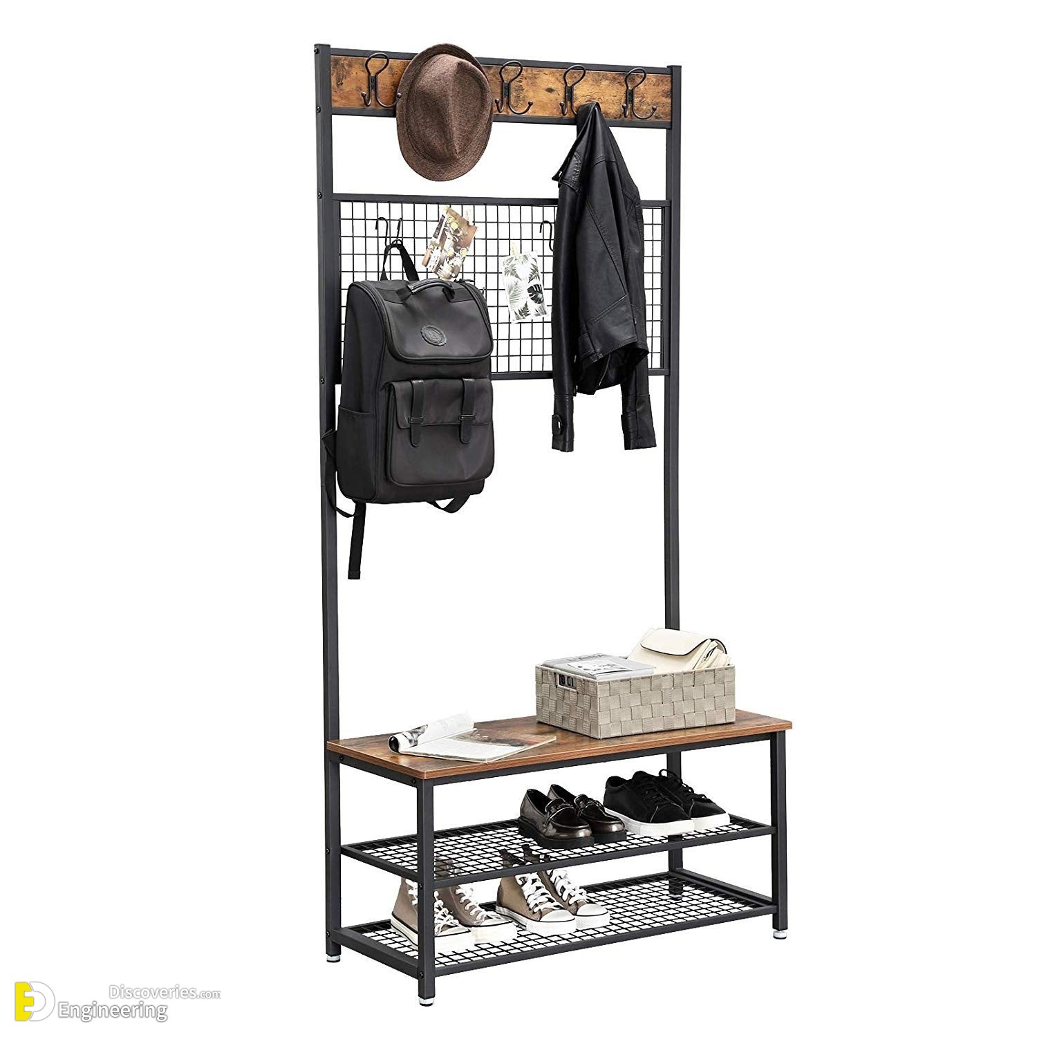 Metal-Coat-Rack-with-Wooden-Bench-Two-Mesh-Shelves-and-Grid-Panel-Brown-and-Black-2b7d7742-45ce-4caa-bd64-9ca19d1f64a5.jpg