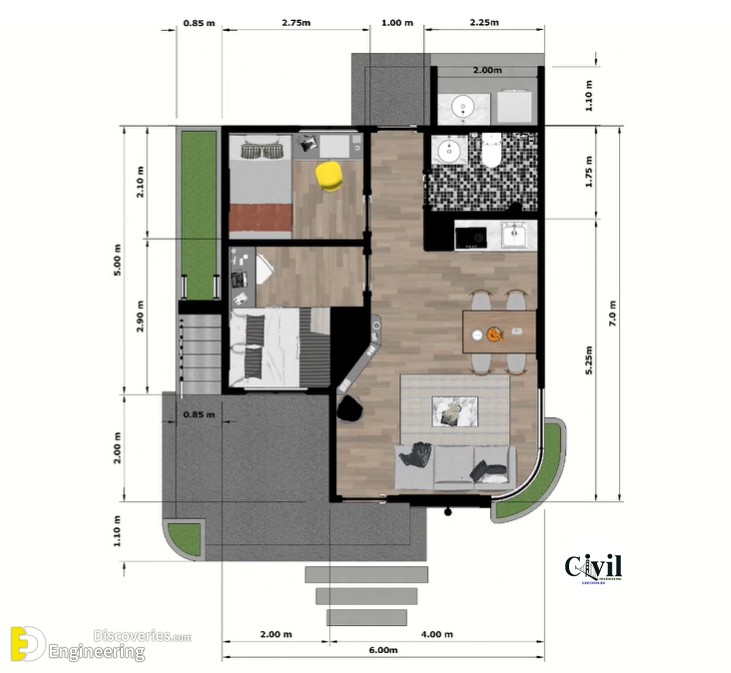 Modern Small House Design 6 X 7 M (42Sqm) With 2 Bedroom - Engineering ...